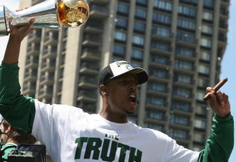 BOSTON - JUNE 19:  Paul Pierce of the Boston Celtic holds his MVP trophy during the Boston Celtics Victory Parade on June 19, 2008 in Boston, Massachusettes. (Photo by Elsa/Getty Images)