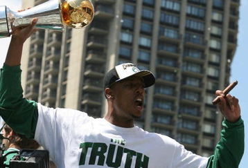 BOSTON - JUNE 19:  Paul Pierce of the Boston Celtic holds his MVP trophy during the Boston Celtics Victory Parade on June 19, 2008 in Boston, Massachusettes. (Photo by Elsa/Getty Images)