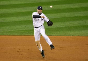 NEW YORK - OCTOBER 16:  Derek Jeter #2 of the New York Yankees throws to first base against the Los Angeles Angels of Anaheim in Game One of the ALCS during the 2009 MLB Playoffs at Yankee Stadium on October 16, 2009 in New York, New York.  (Photo by Nick Laham/Getty Images)