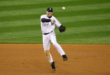NEW YORK - OCTOBER 16:  Derek Jeter #2 of the New York Yankees throws to first base against the Los Angeles Angels of Anaheim in Game One of the ALCS during the 2009 MLB Playoffs at Yankee Stadium on October 16, 2009 in New York, New York.  (Photo by Nick Laham/Getty Images)