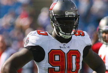 ORCHARD PARK, NY - SEPTEMBER 20:  Defensive end Gaines Adams #90 of the Tampa Bay Buccaneers takes a break from the action during the game against the Buffalo Bills at Ralph Wilson Stadium on September 20, 2009 in Orchard Park, New York.  The Bills won 33-20.  (Photo by Rick Stewart/Getty Images)