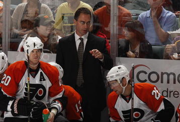 SUNRISE, FL - OCTOBER 16: Head coach John Stevens of the Philadelphia Flyers during a time out late in the third period of the game against the Florida Panthers on October 16, 2009 at the BankAtlantic Center in Sunrise, Florida. The Panthers defeated the Flyers 4-2. (Photo by Joel Auerbach/Getty Images)