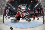 NEWARK, NJ - OCTOBER 16: Nik Antropov #80 watches a shot by Rich Peverley #47 (not shown) of the Atlanta Thrashers go in the net at 14:57 of the second period against Martin Brodeur #30 of the New Jersey Devils at the Prudential Center on October 16, 2009 in Newark, New Jersey. The Thrashers defeated the Devils 4-2. (Photo by Bruce Bennett/Getty Images)