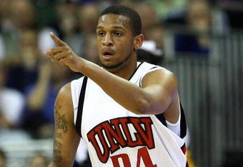 OMAHA, NE - MARCH 20:  Matt Shaw #34 of the UNLV Runnin' Rebels celebrates an offensive play against the Kent State Golden Flashes Vikings during the Midwest Region first round of the 2008 NCAA Men's Basketball Tournament on March 20, 2008 at the Qwest Center in Omaha, Nebraska.  (Photo by Jamie Squire/Getty Images)