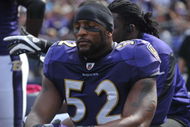 BALTIMORE - OCTOBER 11: Ray Lewis #52 of the Baltimore Ravens meditates on the bench before the game against the Cincinnati Bengals at M&T Bank Stadium on October 11, 2009 in Baltimore, Maryland. The Bengals defeated the Ravens 17-14. (Photo by Larry French/Getty Images)
