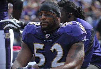 BALTIMORE - OCTOBER 11:  Ray Lewis #52 of the Baltimore Ravens meditates on the bench before the game against the Cincinnati Bengals at M&T Bank Stadium on October 11, 2009 in Baltimore, Maryland. The Bengals defeated the Ravens 17-14. (Photo by Larry French/Getty Images)