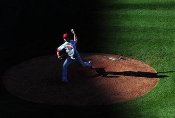 LOS ANGELES, CA - OCTOBER 16:  Pitcher J.A. Happ #43 of the Philadelphia Phillies pitches in the eighth inning against the Los Angeles Dodgers in Game Two of the NLCS during the 2009 MLB Playoffs at Dodger Stadium on October 16, 2009 in Los Angeles, California.  (Photo by Jacob de Golish/Getty Images)