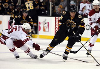 BOSTON - MARCH 05:  Milan Lucic #17 of the Boston Bruins tries to get around Matthew Lombardi #15 of the Phoenix Coyotes on March 5, 2009 at the TD Banknorth Garden in Boston, Massachusetts. The Coyotes defeated the Bruins 2-1.  (Photo by Elsa/Getty Images)