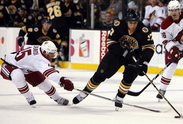 BOSTON - MARCH 05:  Milan Lucic #17 of the Boston Bruins tries to get around Matthew Lombardi #15 of the Phoenix Coyotes on March 5, 2009 at the TD Banknorth Garden in Boston, Massachusetts. The Coyotes defeated the Bruins 2-1.  (Photo by Elsa/Getty Images)