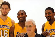 EL SEGUNDO, CA - SEPTEMBER 29:  Pau Gasol #16, Kobe Bryant #24, Coach Phil Jackson and Ron Artest #37 of the Los Angeles Lakers pose for a photograph during Lakers media day at their training facility on  September 29, 2009 in El Segundo, California. NOTE TO USER: User expressly acknowledges and agrees that, by downloading and/or using this Photograph, user is consenting to the terms and conditions of the Getty Images License Agreement.  (Photo by Kevork Djansezian/Getty Images)