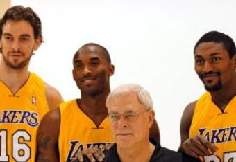 EL SEGUNDO, CA - SEPTEMBER 29:  Pau Gasol #16, Kobe Bryant #24, Coach Phil Jackson and Ron Artest #37 of the Los Angeles Lakers pose for a photograph during Lakers media day at their training facility on  September 29, 2009 in El Segundo, California. NOTE TO USER: User expressly acknowledges and agrees that, by downloading and/or using this Photograph, user is consenting to the terms and conditions of the Getty Images License Agreement.  (Photo by Kevork Djansezian/Getty Images)