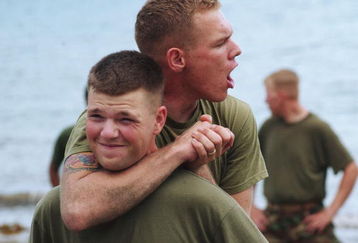 TERNATE, PHILIPPINES - FEBRUARY 24:  U.S. Marine Corps Cpl. Cody Quinney of Lexington, TX demonstrates a choke hold on a fellow Echo 26 company member on February 24, 2004 at the Philippines Marine training camp in Ternante, Philippines. 2,652 U.S. military personnel are in the Philippines to participate in 'Balikatan 04,' a two week training exercise with their Filipino counterparts aimed at combat readiness and interoperability. (Photo by David Greedy/Getty Images)