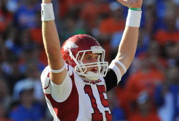 GAINESVILLE, FL - OCTOBER 17: Quarterback Ryan Mallett #15 of the Arkansas Razorbacks signals a touchdown against the Florida Gators October 17, 2009 at Ben Hill Griffin Stadium in Gainesville, Florida.  (Photo by Al Messerschmidt/Getty Images)