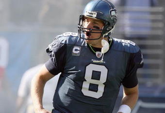 SEATTLE - OCTOBER 11: Quarterback Matt Hasselbeck #8 of the Seattle Seahawks runs onto the field before the game against the Jacksonville Jaguars on October 11, 2009 at Qwest Field in Seattle, Washington. The Seahawks defeated the Jaguars 41-0. (Photo by Otto Greule Jr/Getty Images)    