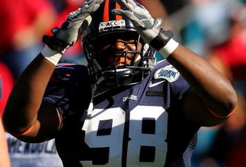 JACKSONVILLE, FL - JANUARY 01:  Nate Collins #98 of the Virginia Cavaliers celebrates a safety during the Gator Bowl against the Texas Tech Red Raiders at Jacksonville Municipal Stadium on January 1, 2008 in Jacksonville, Florida.  (Photo by Sam Greenwood/Getty Images)
