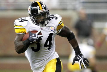DETROIT , MI - OCTOBER 11:  Rashard Mendenhall #34 of the Pittsburgh Steelers runs for a first quarter touchdown while playing the Detroit Lions on October 11, 2009 at Ford Field in Detroit, Michigan. Pittsburgh won the game 28-20. (Photo by Gregory Shamus/Getty Images)