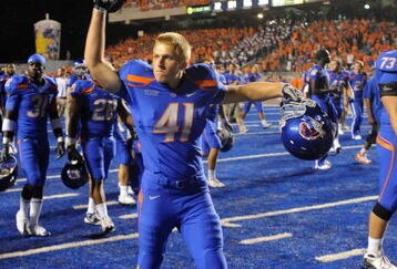 BOISE, ID - SEPTEMBER 3: Joey Paul #41 of the Boise State Broncos taunts Oregon Duck players after LaGarrette Blount #9 (not in photo) of the Oregon Ducks punched a Boise State Broncos player after the Boise State defeated Oregon 19-8 on September 3, 2009 at Bronco Stadium in Boise, Idaho. (Photo by Steve Dykes/Getty Images)