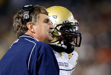 ATLANTA - OCTOBER 17:  Head coach Paul Johnson (L) of the Georgia Tech Yellow Jackets converses with quarterback Josh Nesbitt #9 after his touchdown against the Virginia Tech Hokies at Bobby Dodd Stadium on October 17, 2009 in Atlanta, Georgia.  (Photo by Kevin C. Cox/Getty Images)