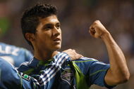 CARSON, CA - AUGUST 15:  Fredy Montero #17 of the Seattle Sounders FC celebrates a goal against the Los Angeles Galaxy at the Home Depot Center on August 15, 2009 in Carson, California. The Sounders FC defeated the Galaxy 2-0.  (Photo by Jeff Gross/Getty Images)