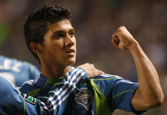 CARSON, CA - AUGUST 15:  Fredy Montero #17 of the Seattle Sounders FC celebrates a goal against the Los Angeles Galaxy at the Home Depot Center on August 15, 2009 in Carson, California. The Sounders FC defeated the Galaxy 2-0.  (Photo by Jeff Gross/Getty Images)