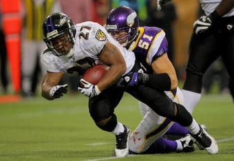 MINNEAPOLIS - OCTOBER 18:  Running back Ray Rice #27 of the Baltimore Ravens rushes the ball and is tackled by linebacker Ben Leber #51 of the Minnesota Vikings during NFL action at Hubert H. Humphrey Metrodome on October 18, 2009 in Minneapolis, Minnesota.  (Photo by Doug Pensinger/Getty Images)