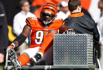 CINCINNATI, OH - OCTOBER 18: Defensive end Antwan Odem #98 of the Cincinnati Bengals is taken off the field on a cart after an injury against the Houston Texans at Paul Brown Stadium on October 18, 2009 in Cincinnati, Ohio. (Photo by Scott Boehm/Getty Images)