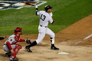 NEW YORK - OCTOBER 17:  Alex Rodriguez #13 of New York Yankees hits a solo home run to tie the game in the bottom of the eleventh inninng of Game Two of the ALCS against the Los Angeles Angels of Anaheim during the 2009 MLB Playoffs at Yankee Stadium on October 17, 2009 in the Bronx borough of New York City.  (Photo by Jim McIsaac/Getty Images)