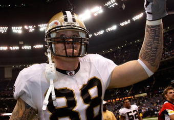 NEW ORLEANS - OCTOBER 18:  Jeremy Shockey #88 of the New Orleans Saints celebrates after defeating the New York Giants 48-27  at the Louisiana Superdome on October 18, 2009 in New Orleans, Louisiana.  (Photo by Chris Graythen/Getty Images)