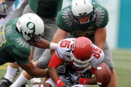 EUGENE, OR - SEPTEMBER 19: Jereme Brooks #85 of the Utah Utes fumbles the ball as Kenny Rowe #58, Blake Ferras #90 and Casey Matthews #55 of the Oregon Ducks close in during the first quarter at Autzen Stadium on September 19, 2009 in Eugene, Oregon. Oregon won the game 31-24. (Photo by Steve Dykes/Getty Images)