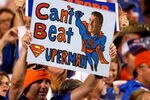 BATON ROUGE, LA - OCTOBER 10:  A fan of the Florida Gators holds up a sign about quarterback Tim Tebow #15 (not pictured) during the game against the Louisiana State University Tigers at Tiger Stadium on October 10, 2009 in Baton Rouge, Louisiana.  (Photo by Kevin C. Cox/Getty Images)