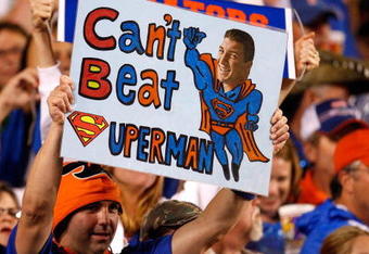 BATON ROUGE, LA - OCTOBER 10:  A fan of the Florida Gators holds up a sign about quarterback Tim Tebow #15 (not pictured) during the game against the Louisiana State University Tigers at Tiger Stadium on October 10, 2009 in Baton Rouge, Louisiana.  (Photo by Kevin C. Cox/Getty Images)