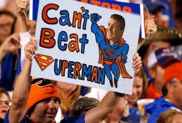 BATON ROUGE, LA - OCTOBER 10:  A fan of the Florida Gators holds up a sign about quarterback Tim Tebow #15 (not pictured) during the game against the Louisiana State University Tigers at Tiger Stadium on October 10, 2009 in Baton Rouge, Louisiana.  (Photo by Kevin C. Cox/Getty Images)