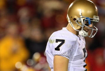 LOS ANGELES, CA - NOVEMBER 29:  Quarterback Jimmy Clausen #7 of the Notre Dame Fighting looks down during the first half against the USC Trojans at the Memorial Coliseum on November 29, 2008 in Los Angeles, California. USC defeated Notre Dame 38-3.  (Photo by Jeff Gross/Getty Images)