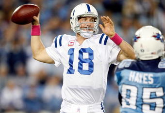 NASHVILLE, TN - OCTOBER 11:  Peyton Manning #18 of the Indianapolis Colts throws the ball during the NFL game against the Tennessee Titans at LP Field on October 11, 2009 in Nashville, Tennessee.  (Photo by Andy Lyons/Getty Images)