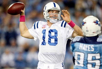NASHVILLE, TN - OCTOBER 11:  Peyton Manning #18 of the Indianapolis Colts throws the ball during the NFL game against the Tennessee Titans at LP Field on October 11, 2009 in Nashville, Tennessee.  (Photo by Andy Lyons/Getty Images)