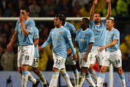 MANCHESTER, ENGLAND - SEPTEMBER 28:  Martin Petrov of Manchester City celebrates scoring his team's second goal with his team mates during the Barclays Premier League match between Manchester City and West Ham United at the City of Manchester Stadium on September 28, 2009 in Manchester, England.  (Photo by Richard Heathcote/Getty Images)