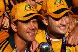 CHESTER-LE-STREET, ENGLAND - SEPTEMBER 20: Ricky Ponting (L) of Australia holds the NatWest Series trophy with Michael Clarke after the 7th NatWest One Day International between England and Australia at The Riverside on September 20, 2009 in Chester-le-Street, Durham, England.  (Photo by Ryan Pierse/Getty Images)
