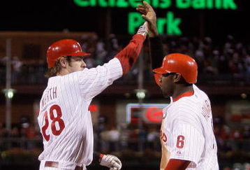 PHILADELPHIA - OCTOBER 18:  Jayson Werth #28 of the Philadelphia Phillies is congratulated by Ryan Howard #6 after hitting a two-run home run in the first inning against the Los Angeles Dodgers during Game Three of the NLCS during the 2009 MLB Playoffs at Citizens Bank Park on October 18, 2009 in Philadelphia, Pennsylvania.  (Photo by Pool/Getty Images)