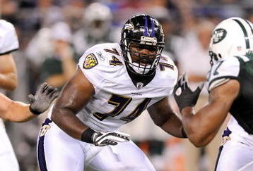 BALTIMORE - AUGUST 24:  Michael Oher #74 of the Baltimore Ravens blocks during a preseason game against the New York Jets at M&T Bank Stadium on August 24, 2009 in Baltimore, Maryland.  (Photo by Greg Fiume/Getty Images)