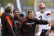 PITTSBURGH, PA - OCTOBER 18: Head coach Eric Mangini of the Cleveland Browns argues with an official during the game against the Pittsburgh Steelers at Heinz Field on October 18, 2009 in Pittsburgh, Pennsylvania. The Steelers defeated the Browns 27-14. (Photo by Joe Robbins/Getty Images)