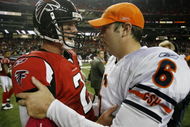 ATLANTA - OCTOBER 18: Quarterback Matt Ryan #2 of the Atlanta Falcons is congratulated by quarterback Jay Cutler #6 of the Chicago Bears after the Falcons 21-14 victory in the game at the Georgia Dome on October 18, 2009 in Atlanta, Georgia. (Photo by Kevin C. Cox/Getty Images)