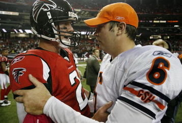 ATLANTA - OCTOBER 18: Quarterback Matt Ryan #2 of the Atlanta Falcons is congratulated by quarterback Jay Cutler #6 of the Chicago Bears after the Falcons 21-14 victory in the game at the Georgia Dome on October 18, 2009 in Atlanta, Georgia. (Photo by Kevin C. Cox/Getty Images)