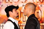 BEVERLY HILLS, CA - SEPTEMBER 14:  Manny Pacquiao and  Miguel Cotto pose for pictures during the press conference at the Beverly Hills Hotel on September 14, 2009 in Beverly Hills, California.  (Photo by Jacob de Golish/Getty Images)