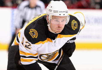GLENDALE, AZ - OCTOBER 17:  Chuck Kobasew #12 of the Boston Bruins leans in during a face off in the NHL game against the Phoenix Coyotes at Jobing.com Arena on October 17, 2009 in Glendale, Arizona. The Coyotes defeated the Bruins 4-1.  (Photo by Christian Petersen/Getty Images)