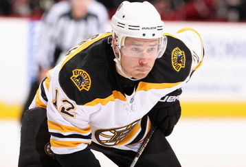 GLENDALE, AZ - OCTOBER 17:  Chuck Kobasew #12 of the Boston Bruins leans in during a face off in the NHL game against the Phoenix Coyotes at Jobing.com Arena on October 17, 2009 in Glendale, Arizona. The Coyotes defeated the Bruins 4-1.  (Photo by Christian Petersen/Getty Images)