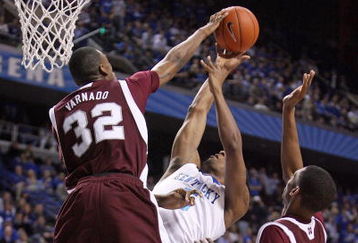 LEXINGTON, KY - FEBRUARY 3:  Jarvis Varnado #32 of the Mississippi State Bulldogs blocks the shot of Ramon Harris #5 of the Kentucky Wildcats during the SEC game at Rupp Arena February 3, 2009 in Lexington, Kentucky. Mississippi State won 66-57.  (Photo by Andy Lyons/Getty Images)