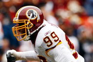 LANDOVER, MD - OCTOBER 18:  Brian Orakpo #98 of the Washington Redskins celebrates a sack during a game against the  Kansas City Chiefs October 18, 2009 at FedEx Field in Landover, Maryland.The Chiefs won the game 14-6.  (Photo by Win McNamee/Getty Images)