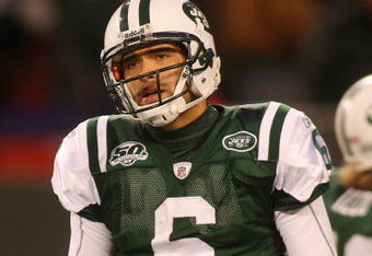 EAST RUTHERFORD, NJ - OCTOBER 18:  Ouarterback Mark Sanchez #6 of the New York Jets walks off the field dejected after failing to convert on third down in overtime against the Buffalo Bills at Giants Stadium in the Meadowlands on October 18, 2009 in East Rutherford, New Jersey. The Bills defeated the Jets 16-13 in overtime.  (Photo by Mike Stobe/Getty Images)