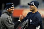 NEW YORK, NY - OCTOBER 16:  Alex Rodriguez #13 and Andy Pettitte #46 of the New York Yankees talk during warms ups before playing against of the Los Angeles Angels of Anaheim in Game One of the ALCS during the 2009 MLB Playoffs at Yankee Stadium on October 16, 2009 in New York, New York.  (Photo by Nick Laham/Getty Images)