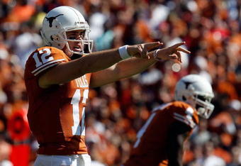 DALLAS - OCTOBER 17:  Quarterback Colt McCoy #12 of the Texas Longhorns at Cotton Bowl on October 17, 2009 in Dallas, Texas.  (Photo by Ronald Martinez/Getty Images)